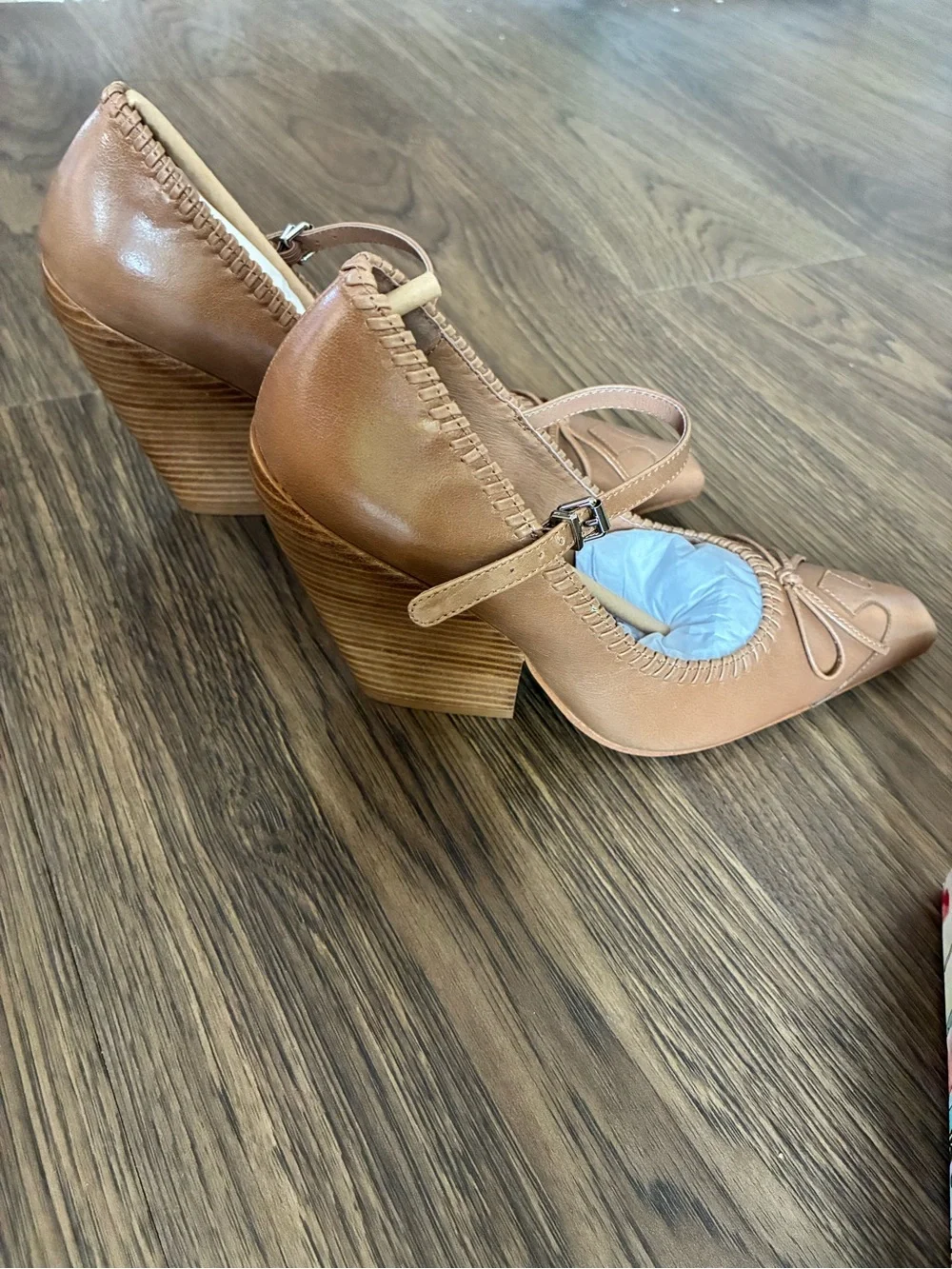 Free People “Amorette”Cognac Tan Leather Mary Jane Block Heels